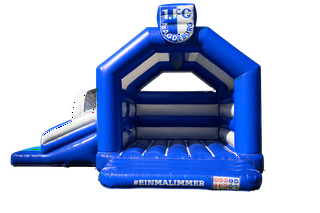 FCM Multifun Hüpfburg mit Rutsche im blau-weißen 1. FC Magdeburg Design, mietbar über Engelhardt Eventservice