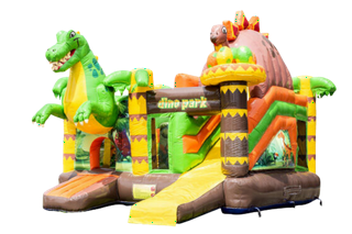 Große Hüpfburg mit aufregendem Dino Design, die viel Platz zum Hüpfen, Klettern und Rutschen bietet