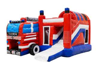 Große Hüpfburg im Feuerwehr Design mit viel Platz zum hüpfen, klettern und rutschen für alle kleinen und großen Feuerwehrfans