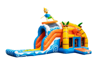 Witzige Hüpfburg mit Hindernissen und Rutsche im Stranddesign