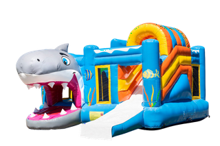 Große Hüpfburg mit Hai Design und viel Platz zum Hüpfen, Klettern und Rutschen