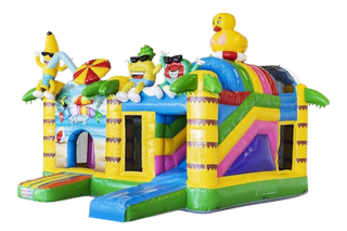 Große Hüpfburg mit witzigem Sommer Design mit viel Platz zum Hüpfen, Klettern und Rutschen