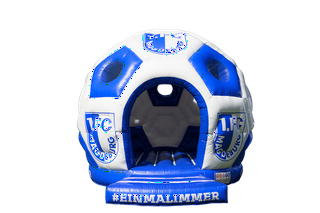 FCM Fußball Hüpfburg im blau-weißen Design für Kinder, mietbar über Engelhardt Eventservice in Magdeburg